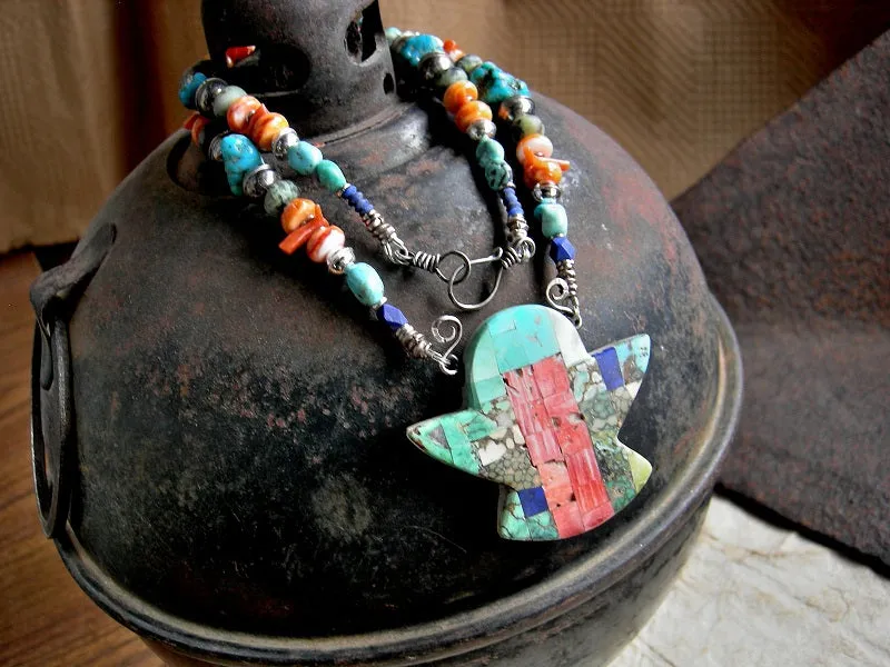 Thunder Bird Necklace, Hand Cut Mixed Turquoises, Lapis & Spiny Oyster