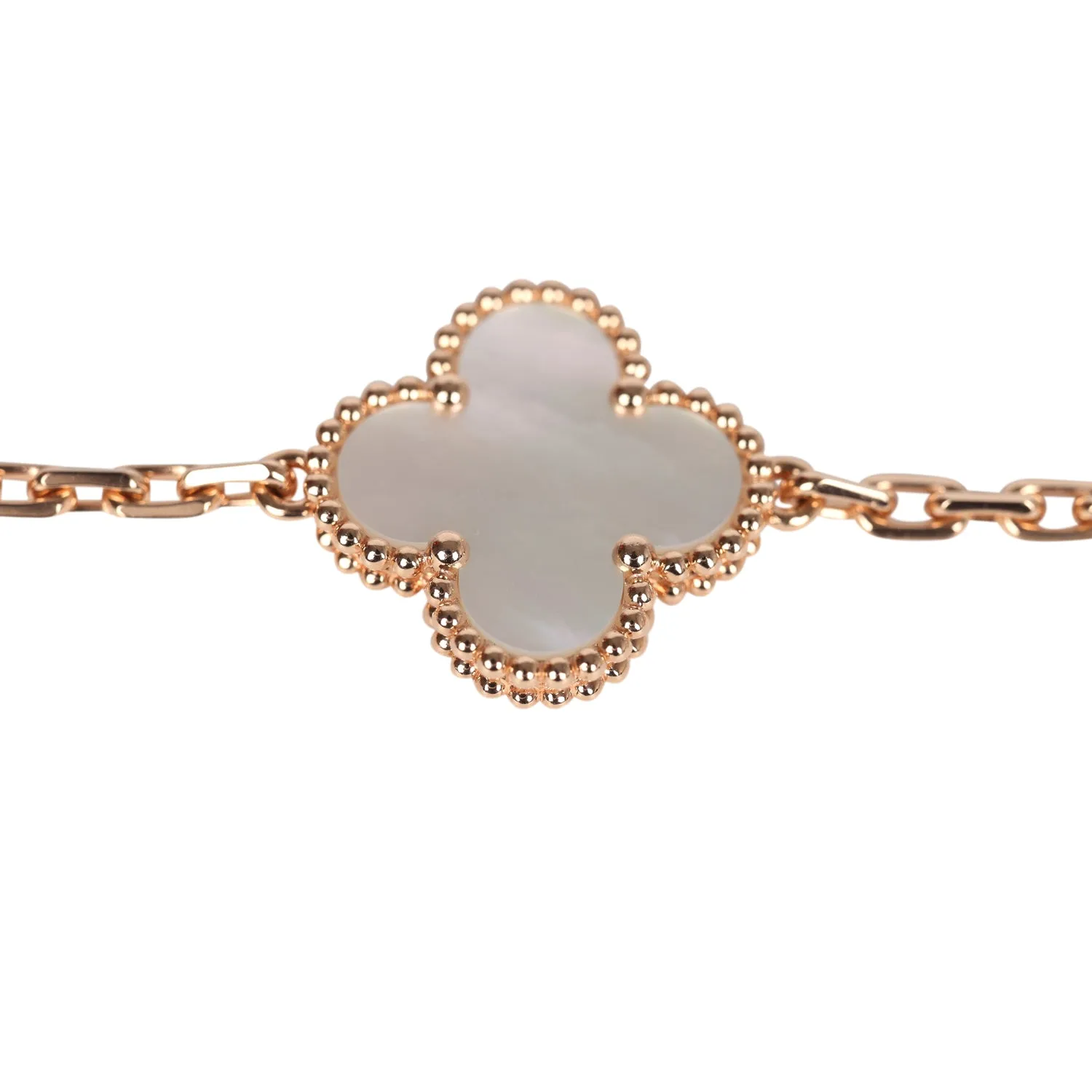 Van Cleef & Arpels Limited Edition Seoul Maison Vintage Alhambra 5 Motif Bracelet White Mother of Pearl & 18K Rose Gold Hardware