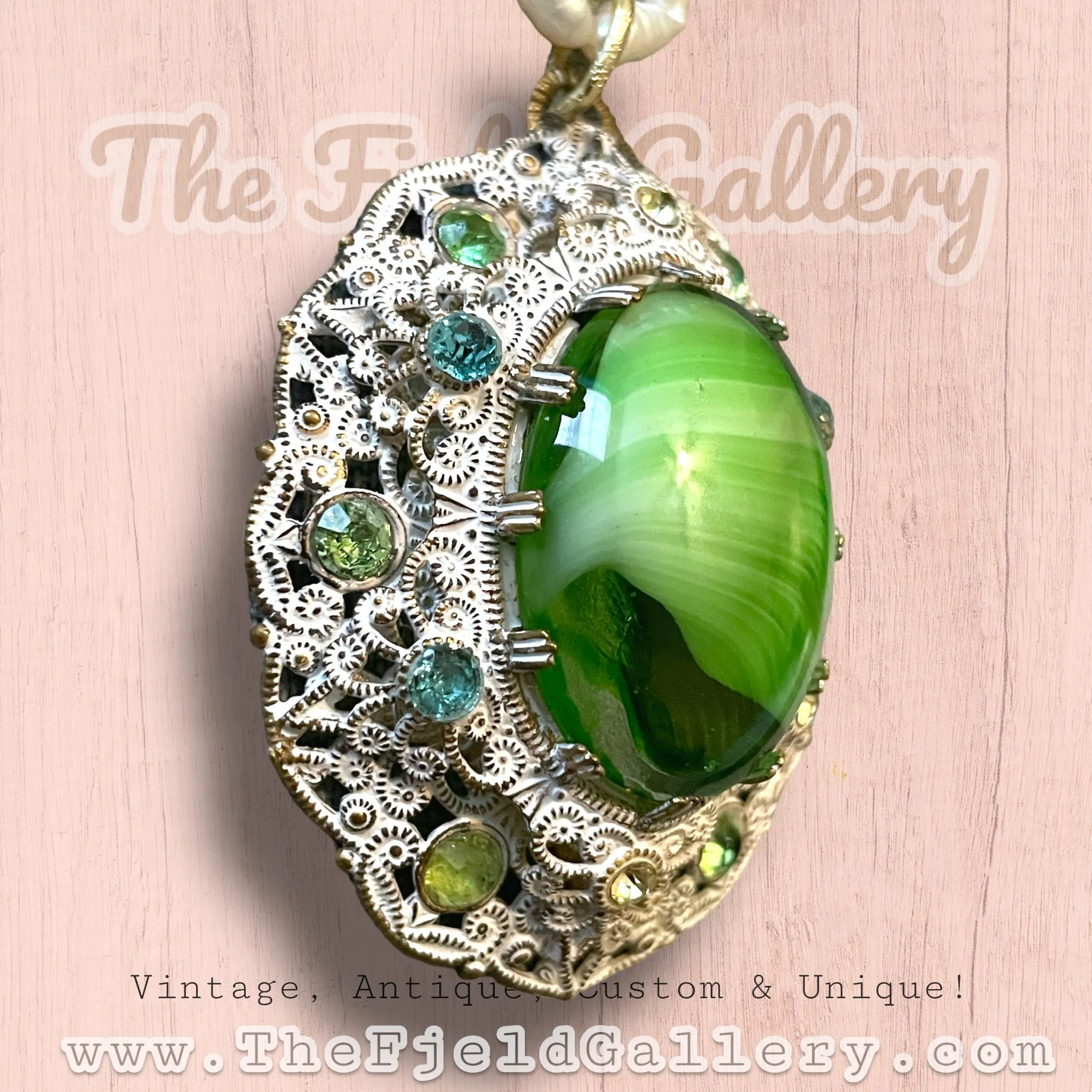 West German Green Marbled Art Glass in White Enamel Brass Filigree Setting Pendant on Natural Pearl Necklace