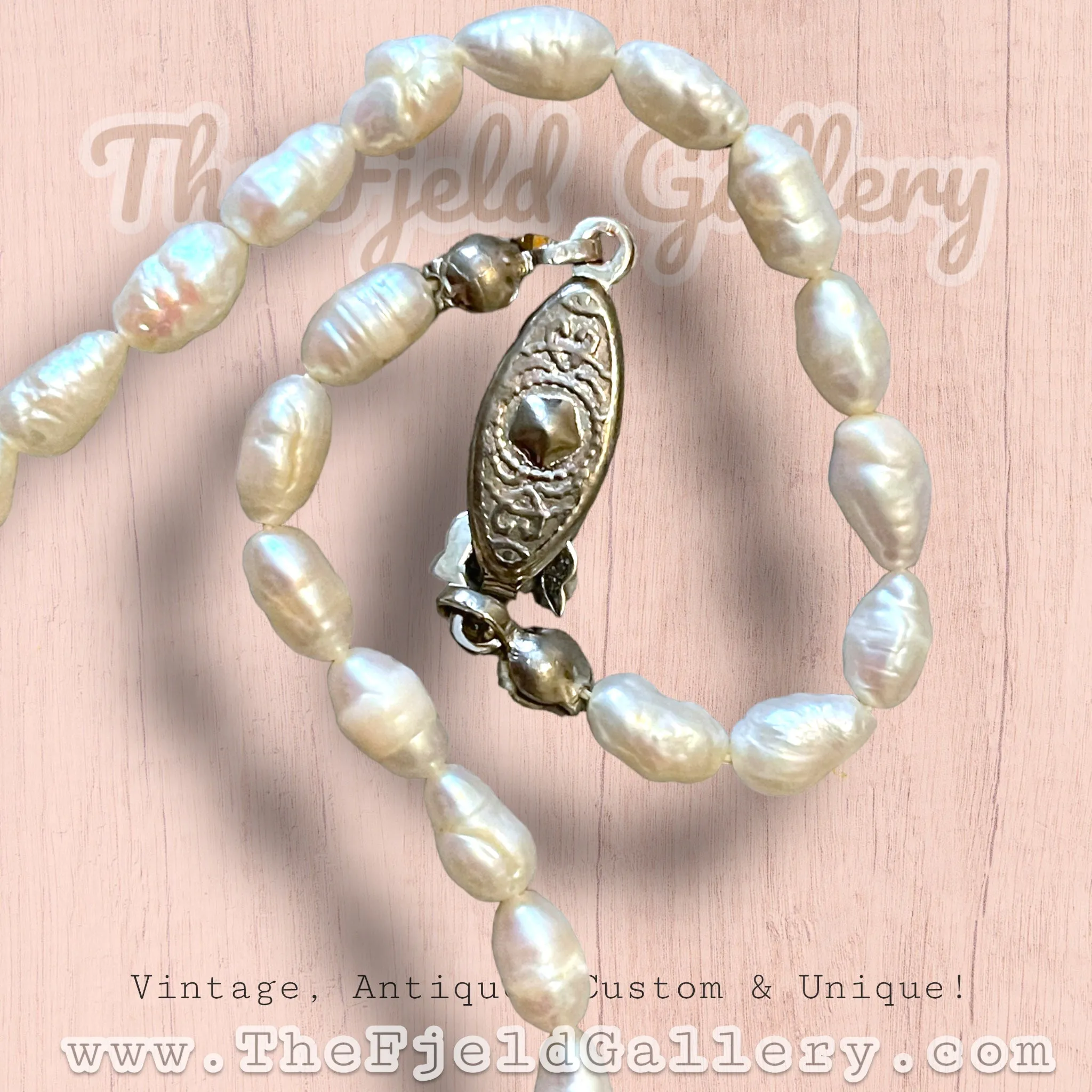 West German Green Marbled Art Glass in White Enamel Brass Filigree Setting Pendant on Natural Pearl Necklace
