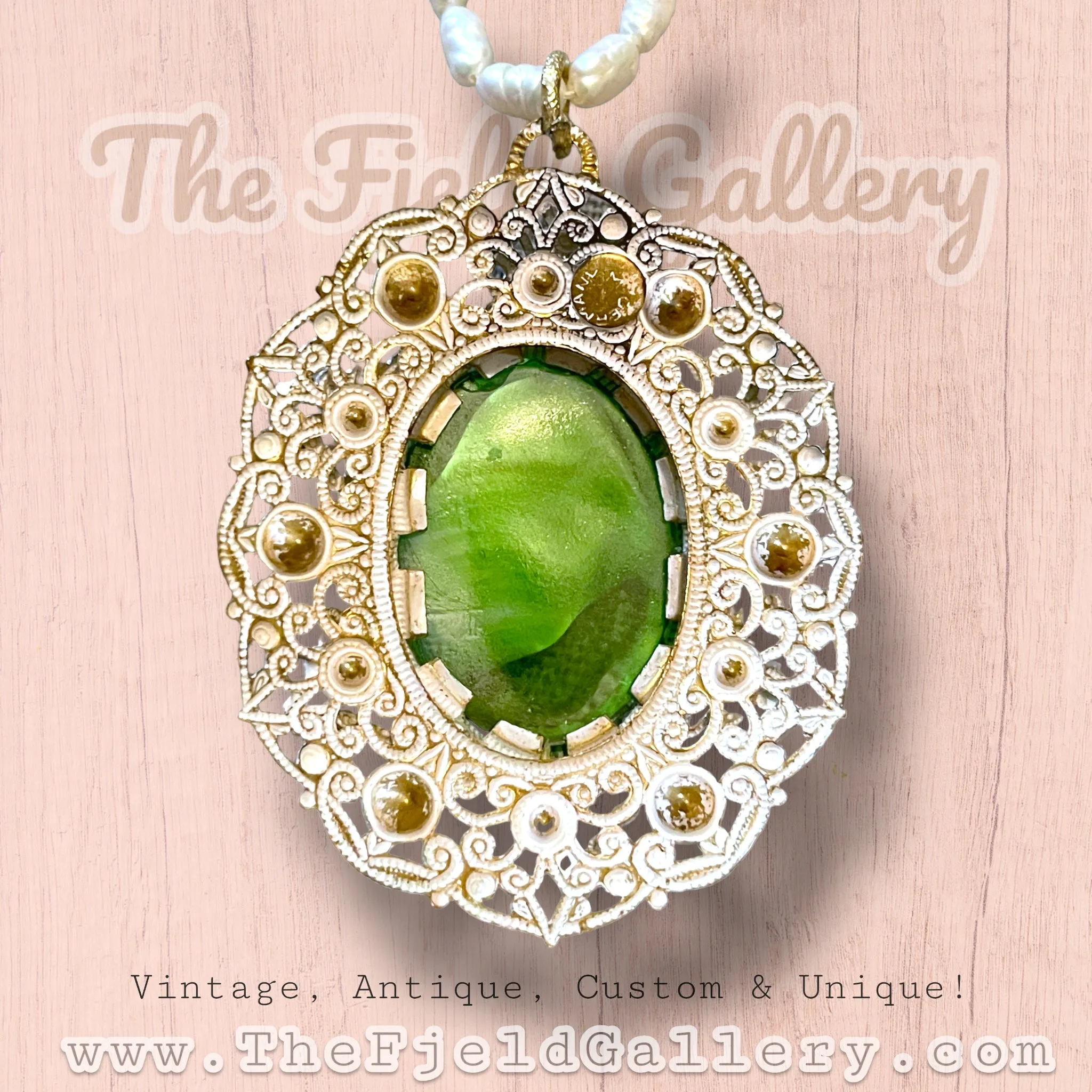 West German Green Marbled Art Glass in White Enamel Brass Filigree Setting Pendant on Natural Pearl Necklace