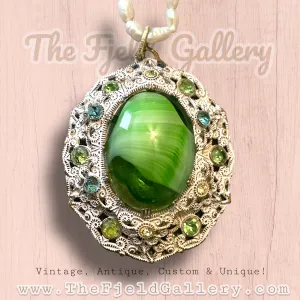 West German Green Marbled Art Glass in White Enamel Brass Filigree Setting Pendant on Natural Pearl Necklace
