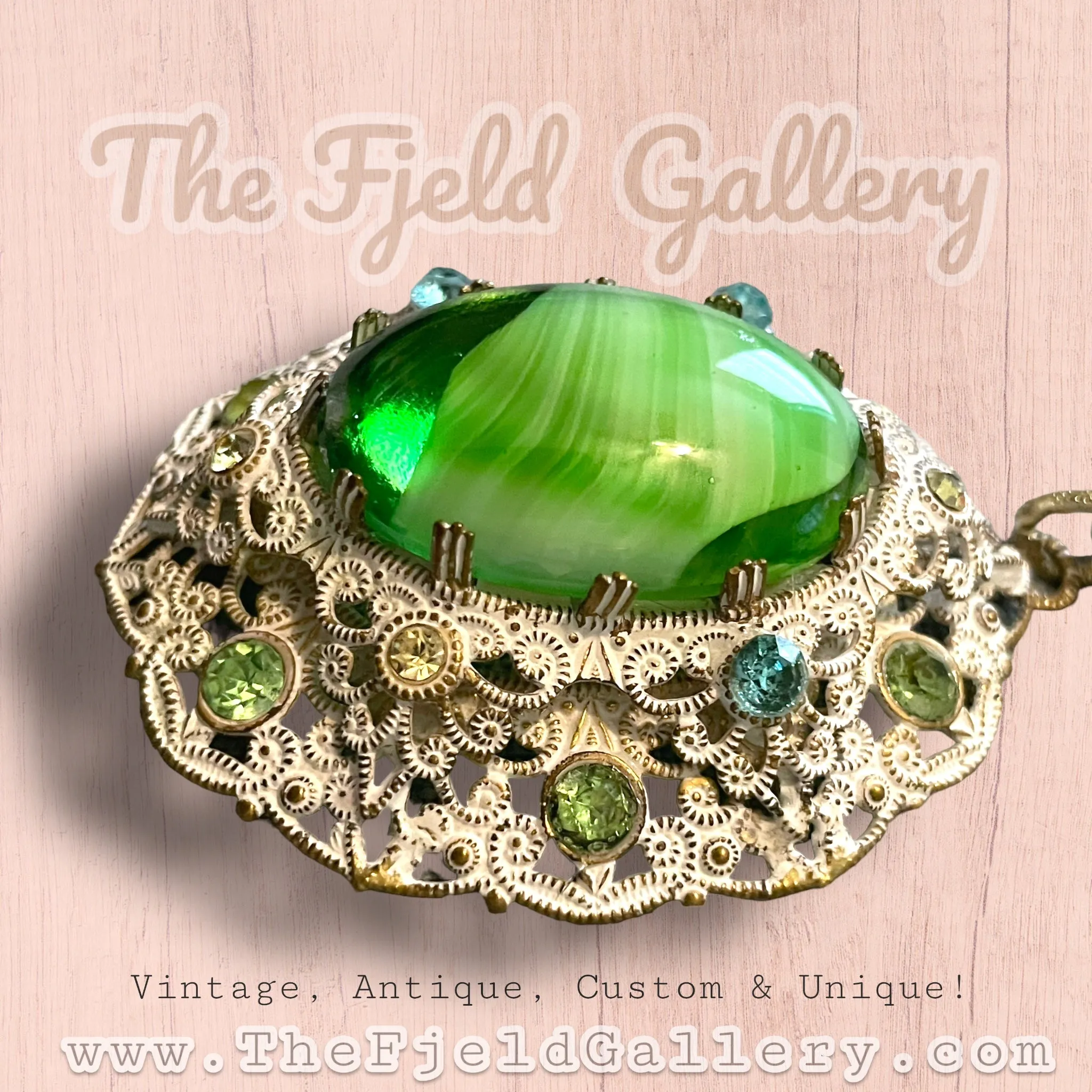 West German Green Marbled Art Glass in White Enamel Brass Filigree Setting Pendant on Natural Pearl Necklace