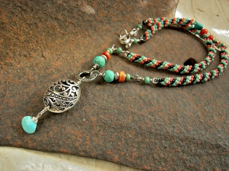 Woven Seed Bead Necklace, Turquoise & Coral, Silver Filigree