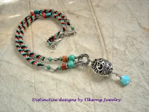 Woven Seed Bead Necklace, Turquoise & Coral, Silver Filigree