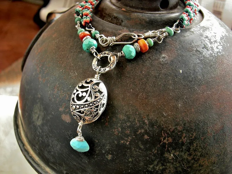 Woven Seed Bead Necklace, Turquoise & Coral, Silver Filigree