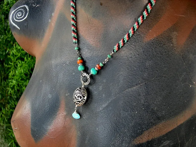 Woven Seed Bead Necklace, Turquoise & Coral, Silver Filigree