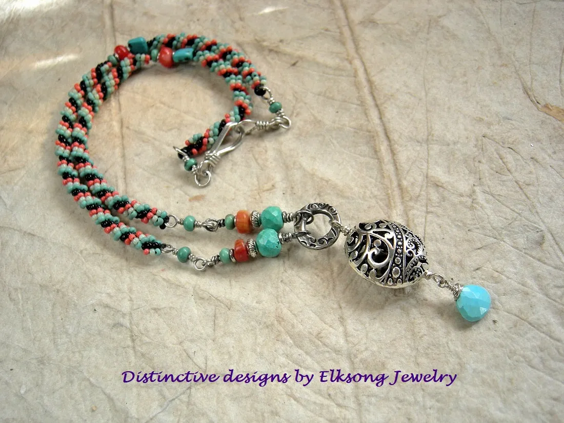 Woven Seed Bead Necklace, Turquoise & Coral, Silver Filigree